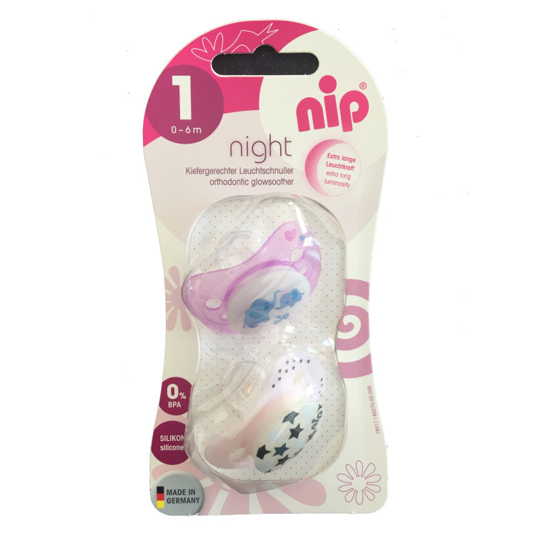 Set of 2 Nip Glow soothers Night Star Pink and Elephant 0-6