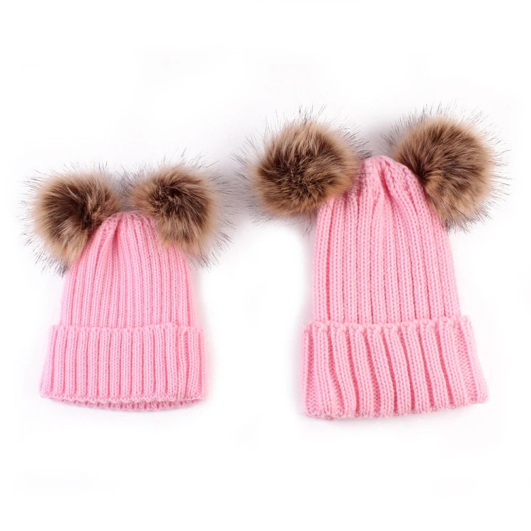 Double Hairball Knitted Hat for Mommy and Me - Pink