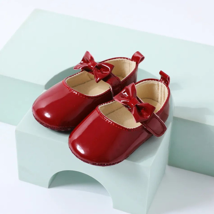 Solid Bowknot Velcro Closure Prewalker Shoes Red