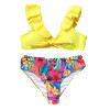 2-piece Ruffled Top and Floral Print Bikini Swimsuit Set - Yellow
