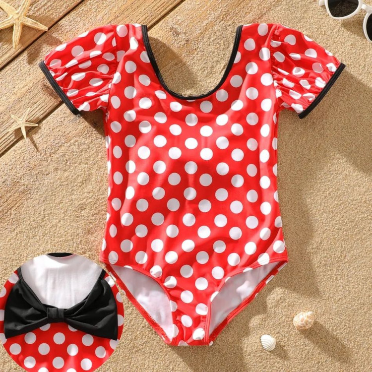 Polka dots Bowknot Design Red Onepiece Swimsuit