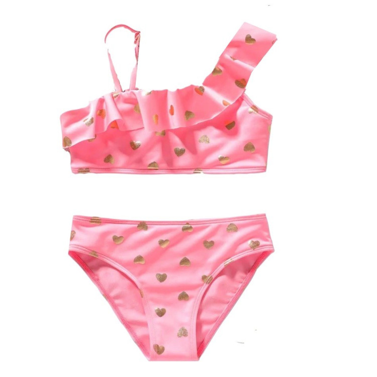 2-piece Heart Glitter Design Ruffled Top and Briefs Swimsuit Set
