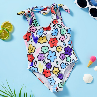 Βρεφικό μαγιό για κοριτσάκια με λουλουδάκια - Λευκό