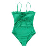 Ruffle Decor Hollow Out Solid Matching Swimsuit - Green