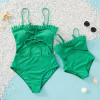 Ruffle Decor Hollow Out Solid Matching Swimsuit - Green