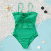 Ruffle Decor Hollow Out Solid Matching Swimsuit - Green