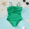 Ruffle Decor Hollow Out Solid Matching Swimsuit - Green
