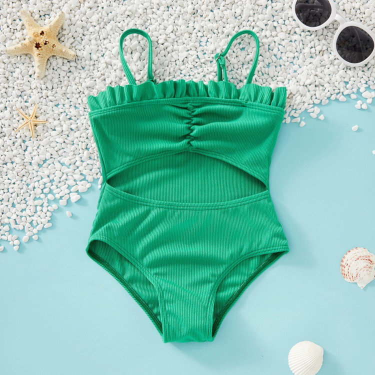 Ruffle Decor Hollow Out Solid Matching Swimsuit - Green