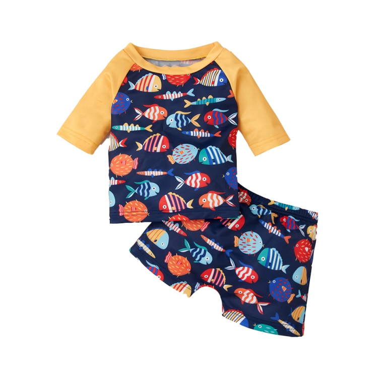 2pcs Baby Boy Long-sleeve Fish Print Swimwear - Orange
