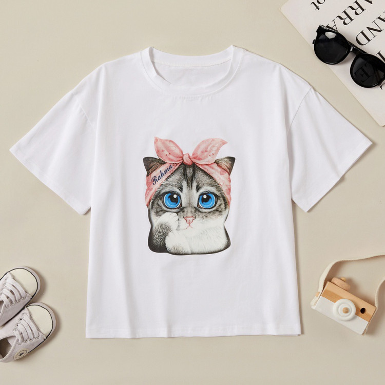 Cute Bowknot Cat Print Tee - White